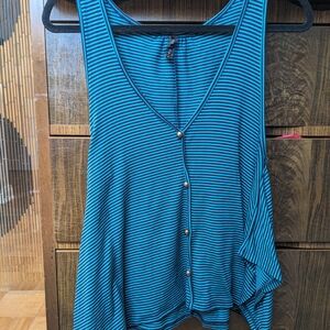 Everly Teal and Black Striped Sleeveless Button-Front Tank